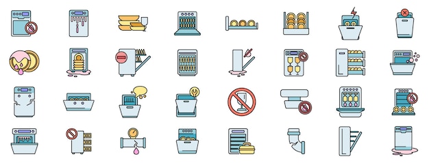 Los iconos de reparación de la lavadora de platos establecen una línea de color vectorial