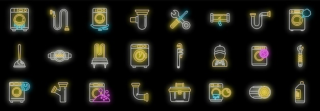 Iconos de reparación de lavadora set vector neon