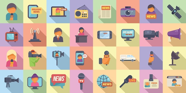 Los íconos de los reporteros de televisión se establecen en el vector plano de la televisión de estudio