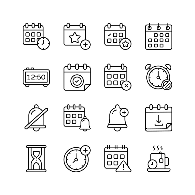 Los iconos representan varias funciones de gestión del tiempo, incluidos calendarios, relojes, alarmas y recordatorios