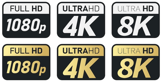 Iconos de resolución de pantalla o vídeo en negro, blanco y dorado. Ajuste de 1080p a 8k