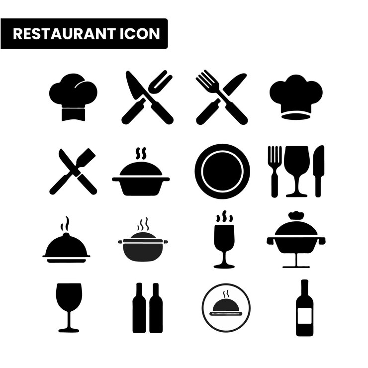 Iconos de restaurantes minimalistas Comida Comedor Chef y paquete vectorial de cocina