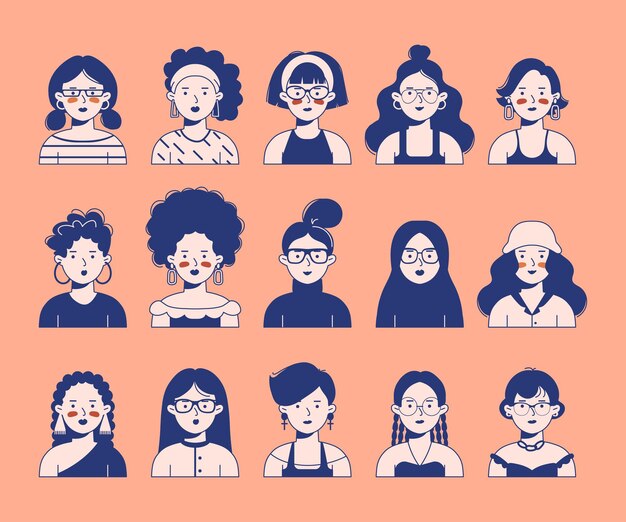 Iconos de retrato femenino de dibujos animados en estilo plano