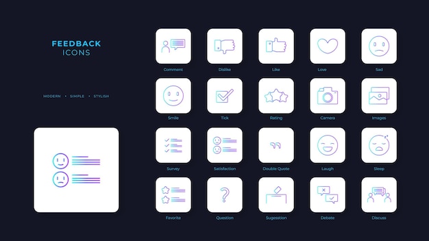 Iconos de retroalimentación con estilo de contorno degradado azul