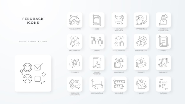 Iconos de retroalimentación con estilo de contorno negro Icono de línea delgada relacionado con testimonios de calificación de retroalimentación satisfacción de respuesta rápida y más Icono web simple Ilustración vectorial
