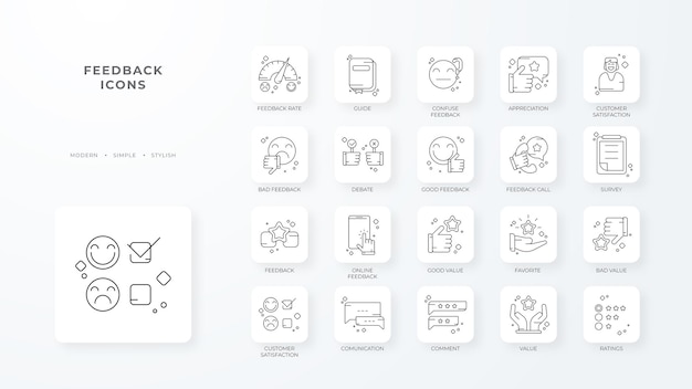Iconos de retroalimentación con estilo de contorno negro icono de línea delgada relacionado con testimonios de calificación de retroalimentación satisfacción de respuesta rápida y más icono web simple ilustración vectorial