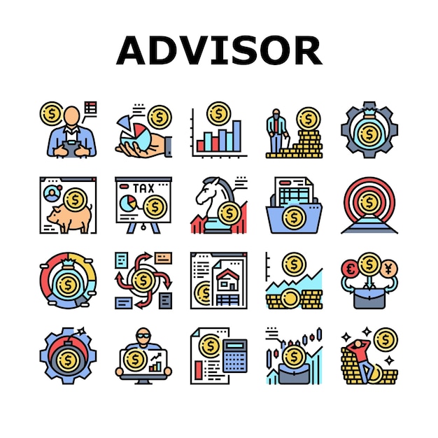 iconos de reunión de asesor financiero establecer vector negocio finanzas inversión hombre oficina documento banco estrategia planificación cliente reunión de asesor financiero ilustraciones de línea de color