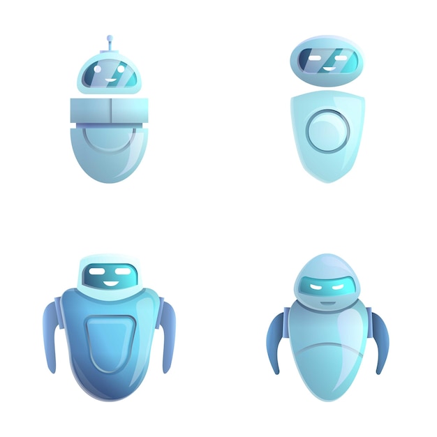 Iconos de robots conjuntos de vectores de dibujos animados Concepto tecnológico de robots electrónicos modernos
