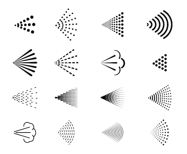 Iconos de rociado de rociador de aire de agua o símbolos de línea de vector de chorro de boquilla de aerosol pictogramas de flujo de niebla de rociado o rociado para difusor de desinfectante o atomizador pulverizador antiséptico y rociado de desodorante