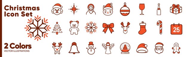 Iconos rojos de Navidad Santa Snowman Árbol Decoraciones de renos Regalos en dos colores