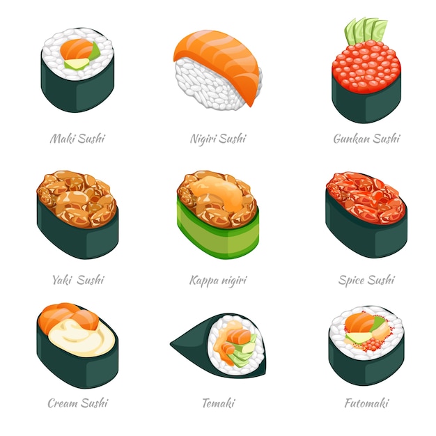 Iconos de rollos de sushi. Comida menú japonés, arroces y mariscos, temaki y futomaki