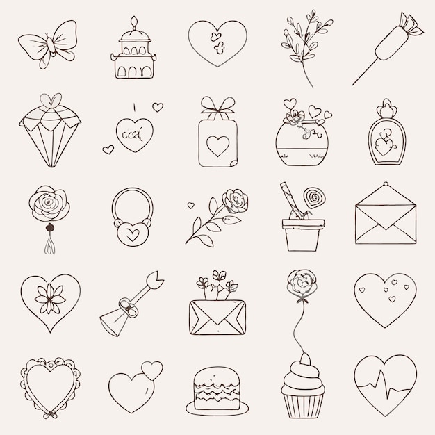 iconos románticos dibujados a mano y elementos para diseños de bodas