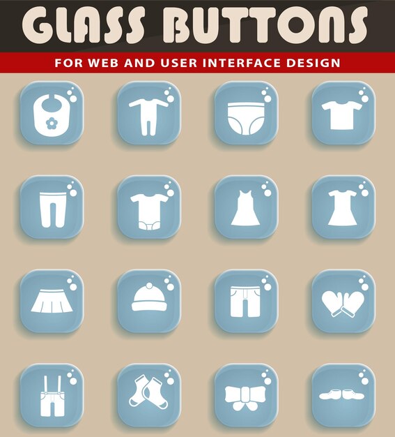 Iconos de ropa de bebé en botones de cristal