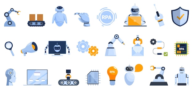 Los íconos de RPA establecen el vector de dibujos animados Proceso de automatización