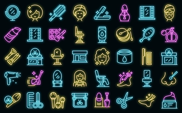 Los iconos del salón de belleza establecen el vector de contorno. Maquillaje de artista. Cuidado nupcial de belleza