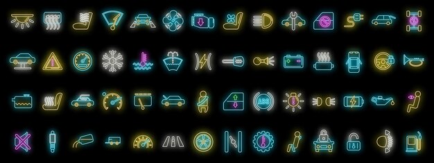 Los iconos del salpicadero del coche establecen neón vectorial