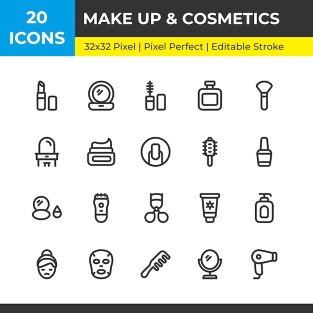 Los iconos de salud de maquillaje y cosméticos establecen un icono de línea simple y un trazo editable en 32 x 32 píxeles perfecto