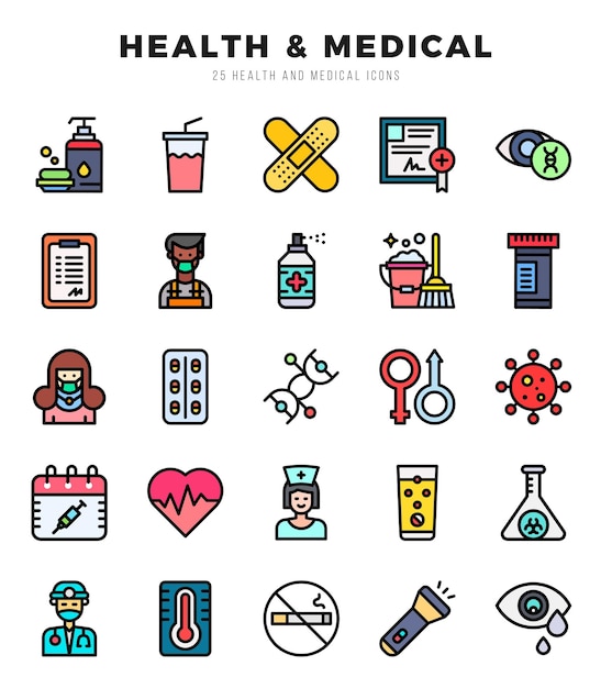 Iconos de salud y medicina Pack de iconos de color lineal Conjunto de iconas de colores lineales Colección de íconos de color vectorial simple