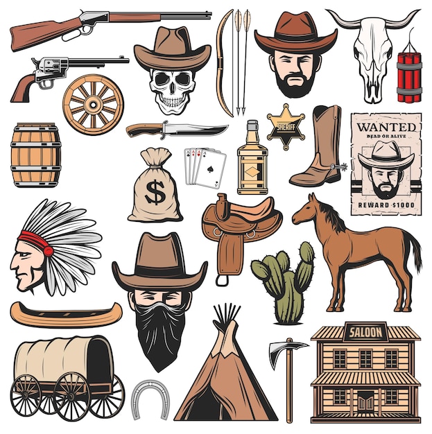 Vector iconos del salvaje oeste y del oeste americano