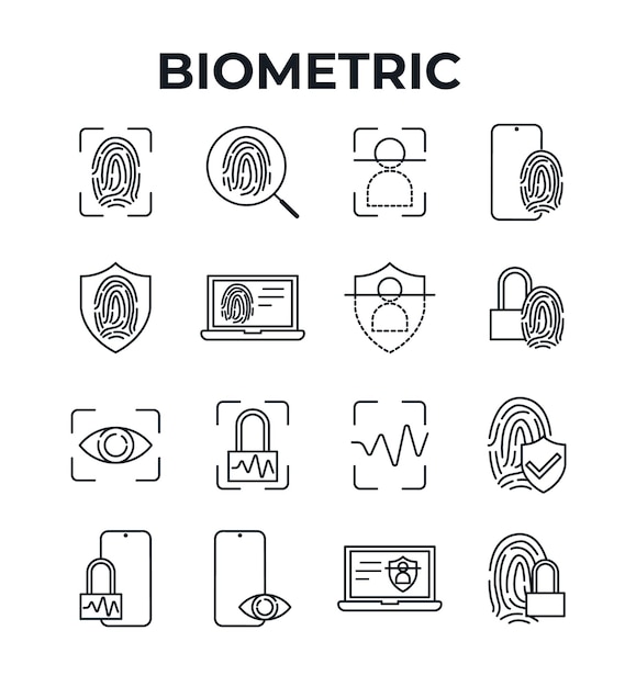 Iconos de seguridad biométrica Huellas dactilares Escáneres faciales y autenticación de dispositivos