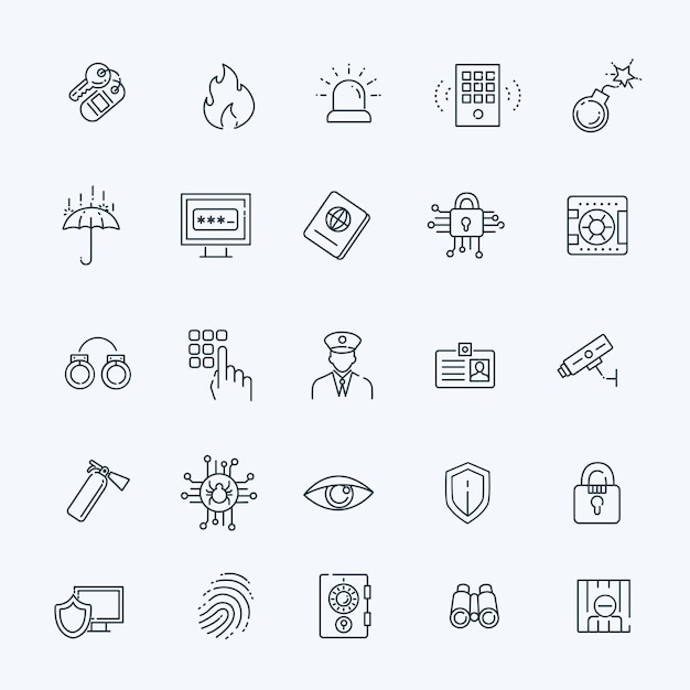Iconos de seguridad de diseño plano de estilo de línea delgada