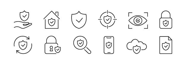 Iconos de seguridad establecidos Marca de verificación de escudo Icon de línea de escudo de seguridad Vector