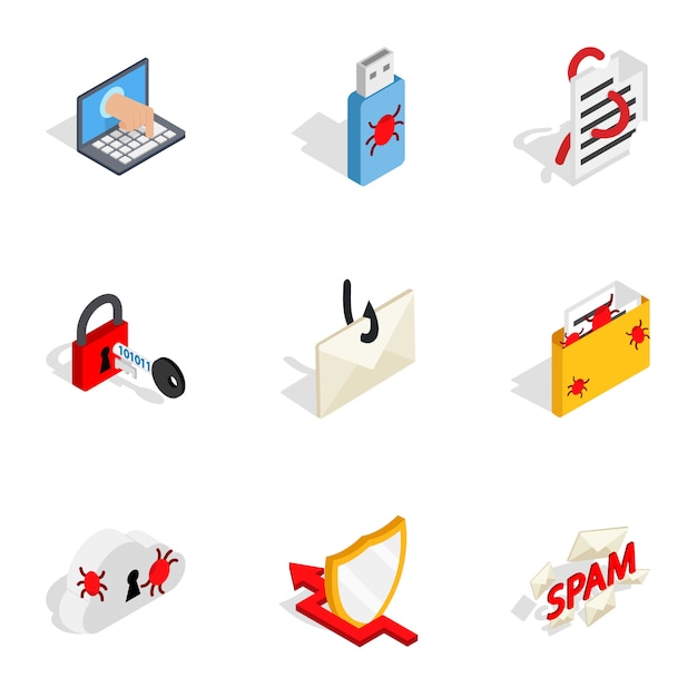 Iconos de seguridad informática, isométrica estilo 3d