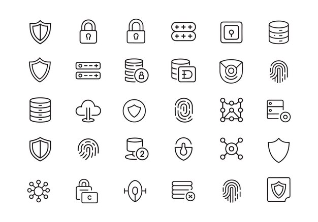 Iconos de seguridad y privacidad Escudo de bloqueo Datos y huellas dactilares Símbolos Iconos Conjunto de colecciones