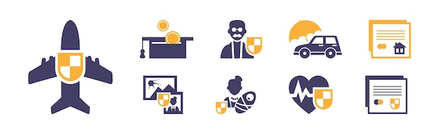 Iconos de seguro como protección contra pérdidas financieras conjunto de vectores de pictogramas