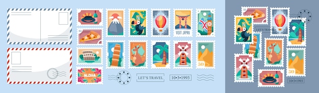 Iconos de sellos postales de viaje dibujados a mano con ilustración