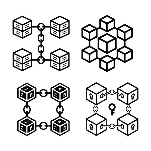 Iconos sencillos de Blockchain en blanco y negro
