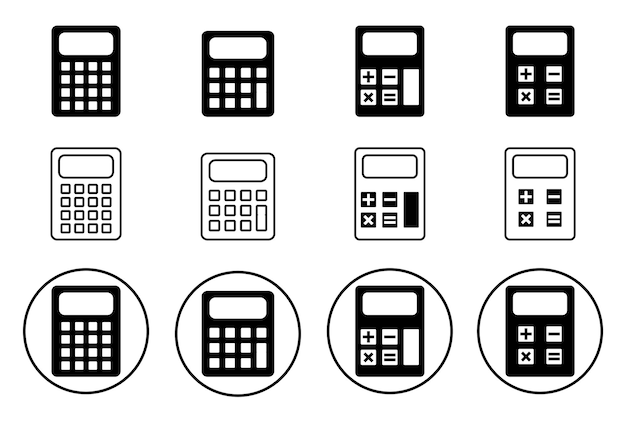 Iconos sencillos de calculadora en blanco y negro Conjunto de símbolos de calculadora de contabilidad