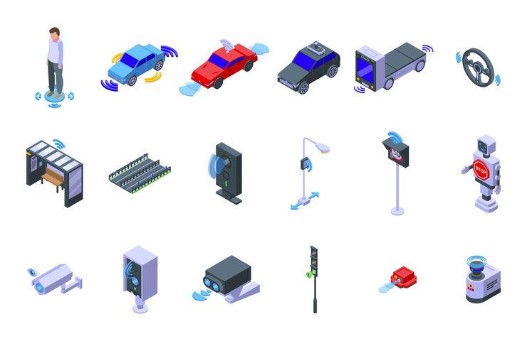 Vector los iconos de los sensores de carretera establecen vector isométrico. seguridad de trafico. control de sistema