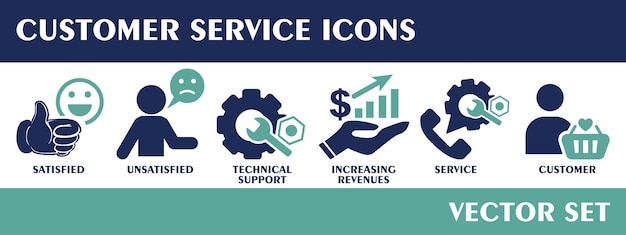 Vector iconos de servicio al cliente satisfecho insatisfecho aumento de los ingresos servicio de soporte técnico cliente