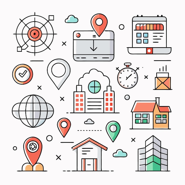 Iconos de servicio basados en la ubicación para diseño de sitios web, diseño de aplicaciones y marketing digital