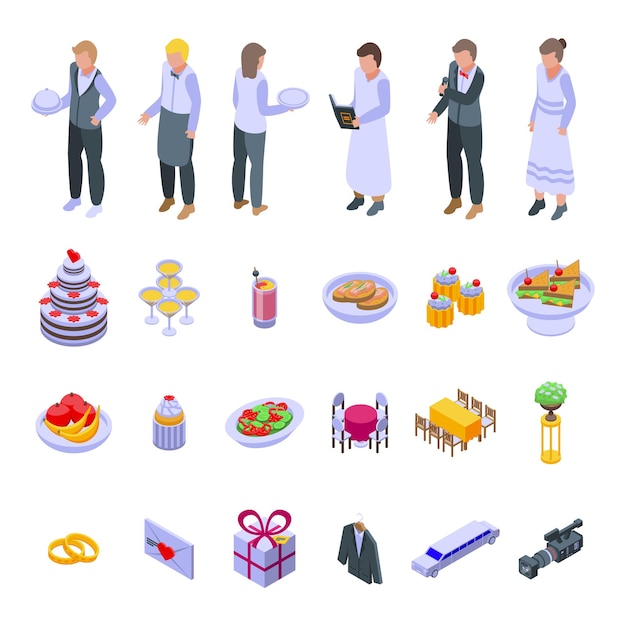 Iconos de servicio de boda conjunto vector isométrico Fiesta de catering