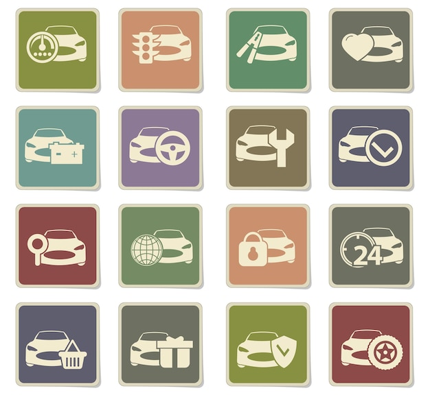 Iconos de servicio de coche en pegatinas de papel cuadrado con sombra