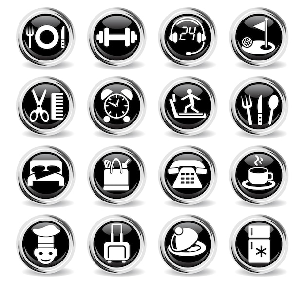 Iconos de servicio de hotel en botones negros redondos con anillo de metal