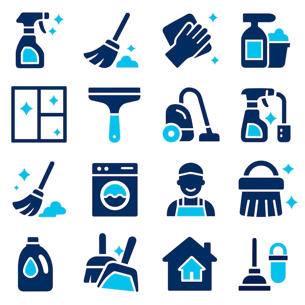 Iconos de servicio de limpieza Un conjunto completo de suministros y ilustraciones de equipos de limpieja