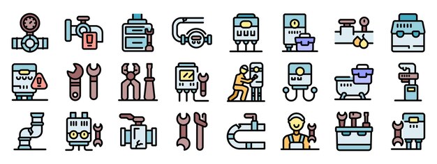 Iconos de servicios de fontanería que muestran tuberías, llaves y fontaneros trabajando
