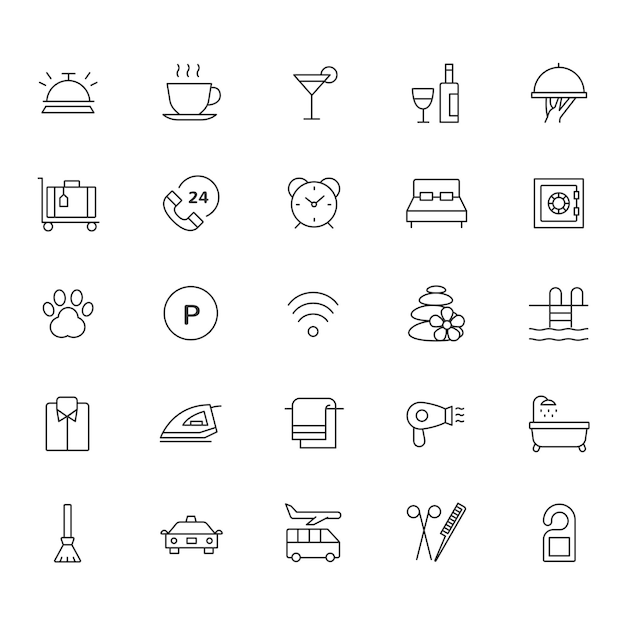Iconos de servicios de hoteles de línea Vector de salas de recepción de comida Wi-Fi de piscina de spa Iconos