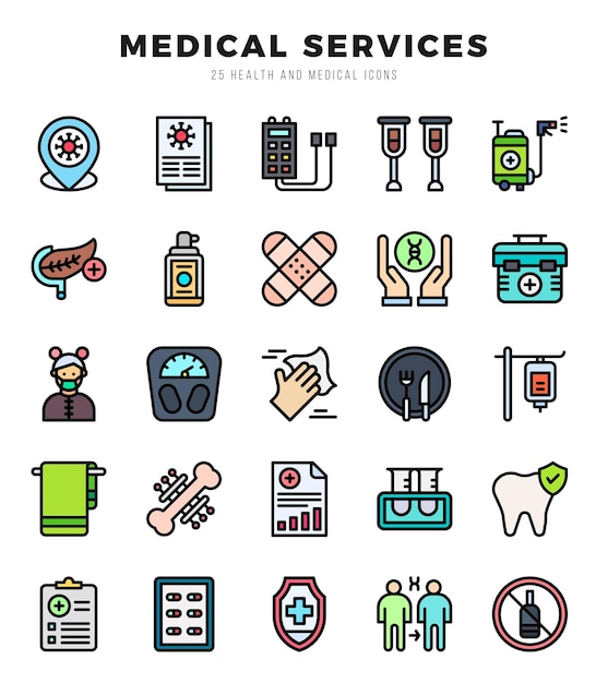 Iconos de servicios médicos paquete lineal conjunto de íconos de color lineal grupo de iconas de color de vectores simples