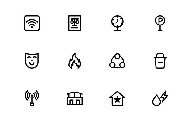 Iconos de servicios públicos Gráficos de esquema escalables para aplicaciones de infraestructura cívica y servicios comunitarios