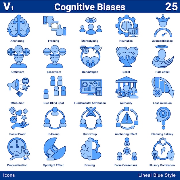 Iconos de sesgos cognitivos establecidos 25 en estilo de línea