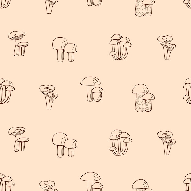 Iconos de setas doodle de patrones sin fisuras vector ilustración de boletus rebozuelos miel agárico champiñones aspen setas y russula