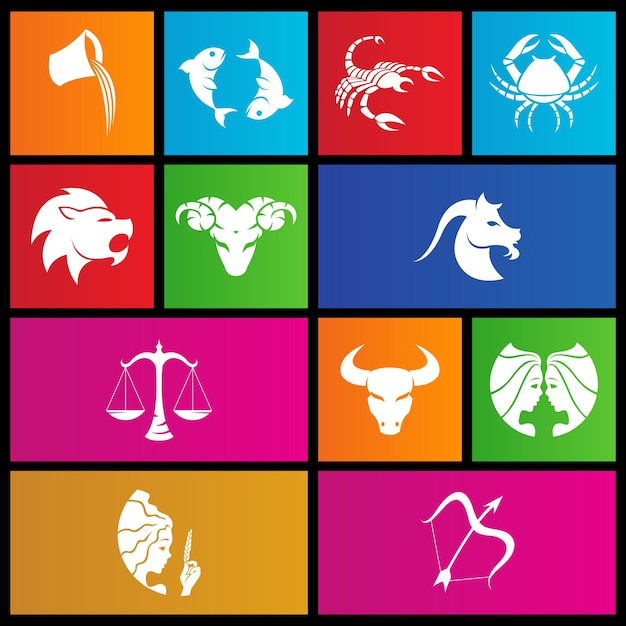 Iconos de signo de estrella del zodiaco en formas cuadradas de colores
