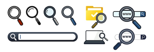 Iconos de signo de lupa o lupa Icones de búsqueda establecidos en un fondo transparente