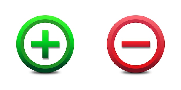 Vector iconos de signo más y menos símbolo verde más y menos rojo ilustración vectorial plana