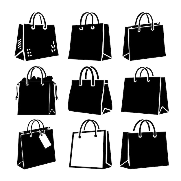 Iconos de silueta de bolsa de compras y conjunto vectorial