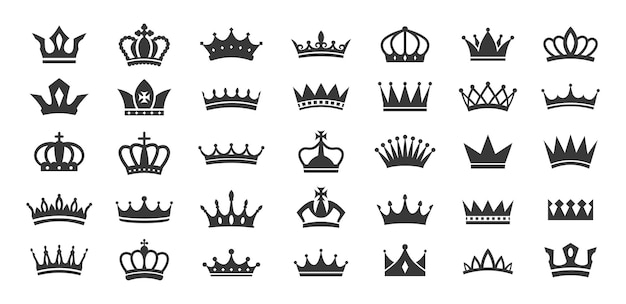 Iconos de silueta de coronas reales Tiara de la reina y corona del rey autoridad de corona majestuosa y pictogramas premium Realeza y lujo conjuntos de símbolos vectoriales de plantilla
